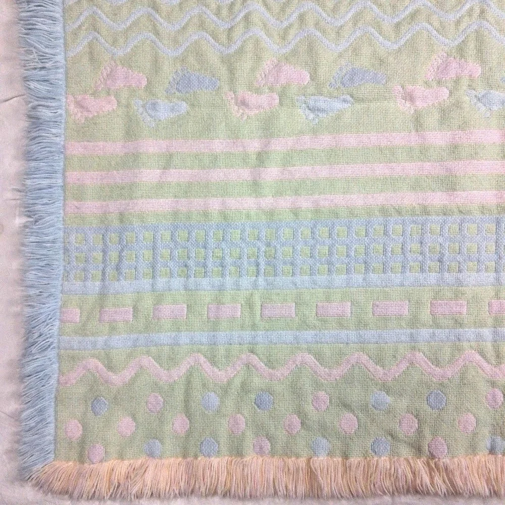 Vintage Pastel Woven Baby Throw Blanket Fringe Dots Foot Prints Feet Unisex
